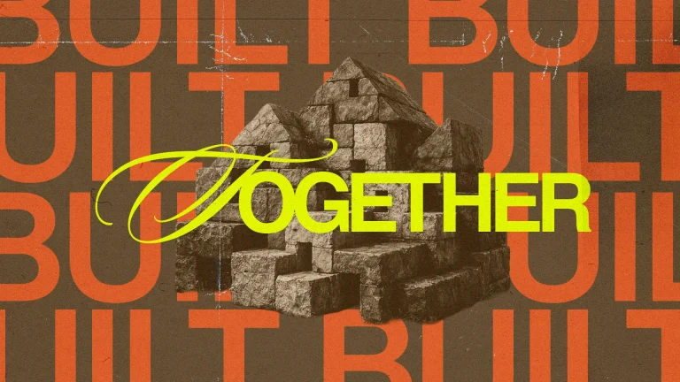 "Together, we build faith and community, symbolized by stacked stones and a vibrant message of unity."