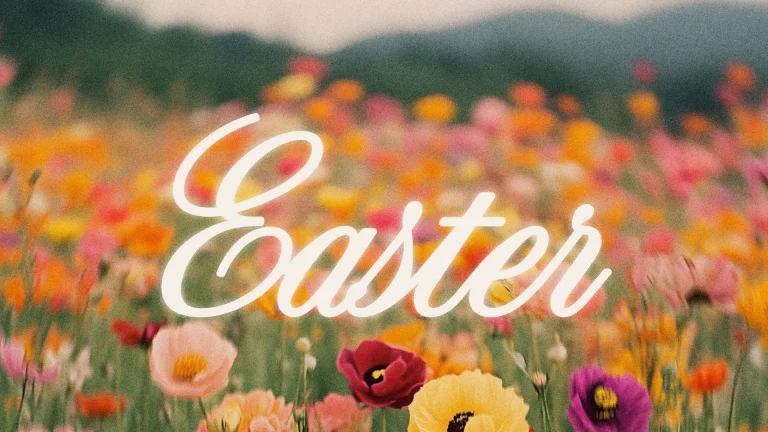 Colorful spring flowers bloom with the word "Easter," symbolizing renewal, hope, and the celebration of resurrection.