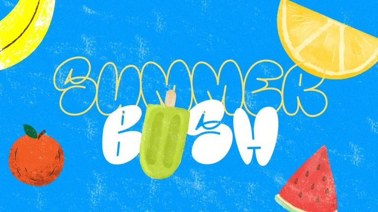 Colorful summer-themed graphic featuring fruits and popsicles, promoting community fun and fellowship in church activities.