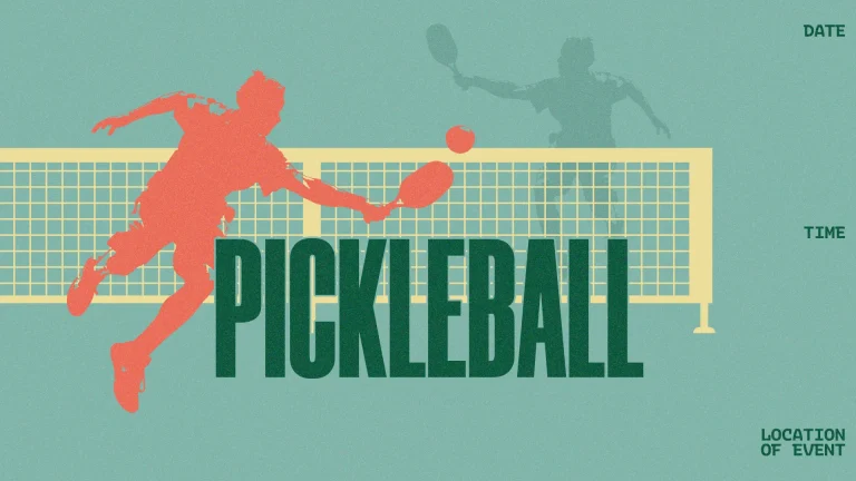 Community event promoting fellowship through pickleball, featuring vibrant graphics and details on date, time, and location.
