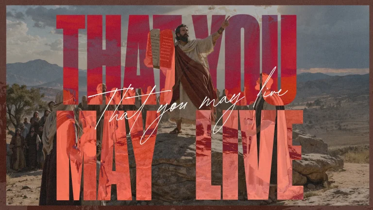 Moses holds the tablets on a mountain, surrounded by people, emphasizing faith and divine guidance for living.