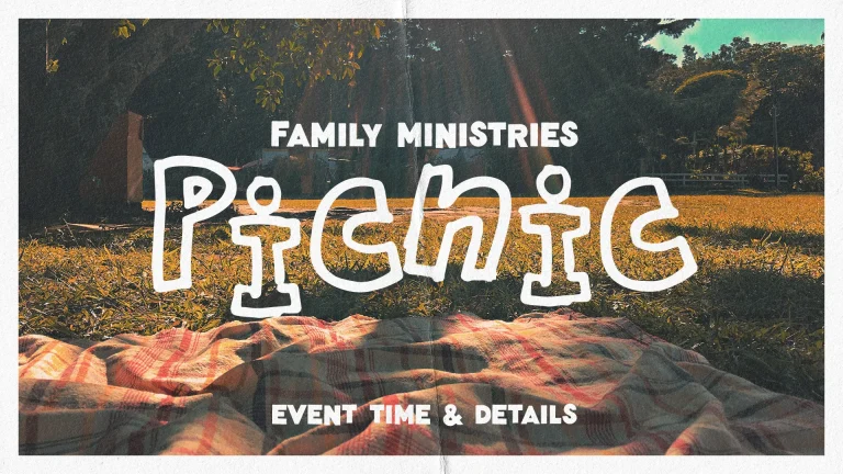 Family Ministries picnic invitation on a sunny day, featuring a blanket on grass, symbolizing community and fellowship.