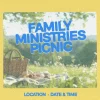8140 picnic hd title slide Family Ministries Picnic announcement with a picnic basket on a grassy field, symbolizing community and fellowship.
