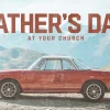 8149 fathers day hd title slide Classic red car parked against a scenic mountain backdrop, promoting Father's Day celebration at the church.