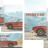 8149 fathers day social graphics Red vintage car against a mountain backdrop, celebrating Father's Day with a focus on family and community.