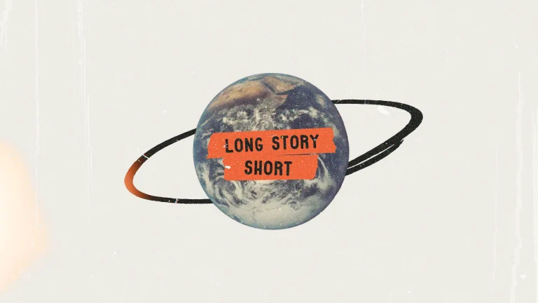 Earth surrounded by an orbit, featuring "LONG STORY SHORT," symbolizing faith, community, and the journey of life.