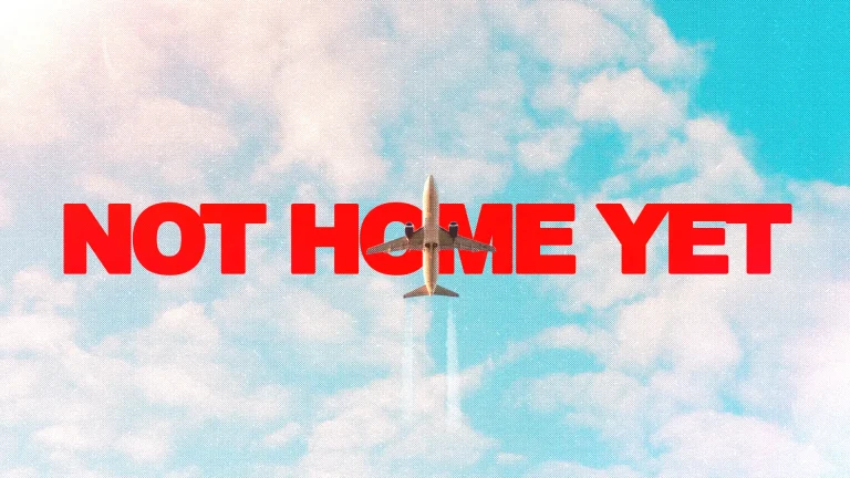Airplane soaring through clouds with the text "NOT HOME YET," symbolizing the journey of faith and spiritual longing.