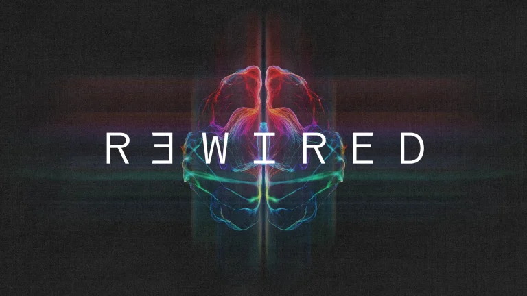 Vibrant abstract design with "REWIRED" text, symbolizing transformation, renewal, and spiritual awakening in faith.