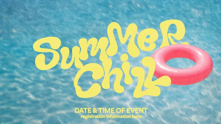 Bright summer-themed graphic featuring a pink float and inviting text for a church event, promoting community and fellowship.