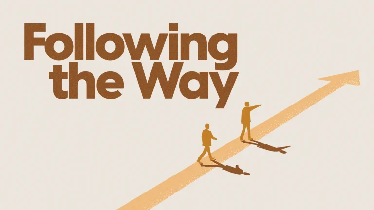 Two figures walking on a path, one pointing ahead, symbolizing guidance and faith in the journey of life.