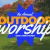 8281 outdoor worship hd title slide Annual outdoor worship event announcement with vibrant fall foliage and a bright starburst design.