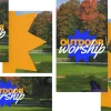 8281 outdoor worship social graphics Colorful graphic promoting outdoor worship, featuring vibrant fall foliage and dynamic shapes, symbolizing community and faith.