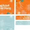 8316 young adult summer hang screen graphics Young Adult Summer Hang event announcement with vibrant colors and tropical palm imagery, inviting community and fellowship.