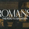 8344 romans hd title slide "Romans: The Road to Salvation, featuring ancient symbols of faith and community, highlighting a journey of spiritual growth."