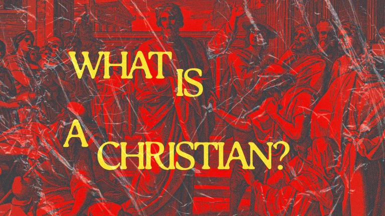 Dramatic scene of biblical figures with the text "What is a Christian?" exploring faith and community.