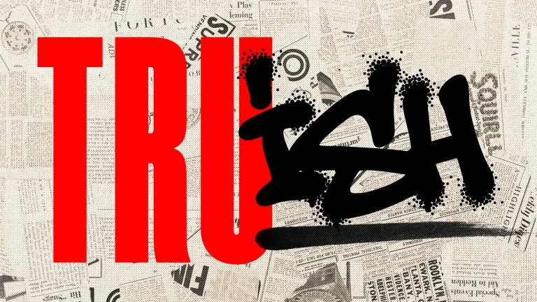 Bold red text reads "TRU" with "ish" in black graffiti style, set against a textured background of newsprint, symbolizing faith and community.