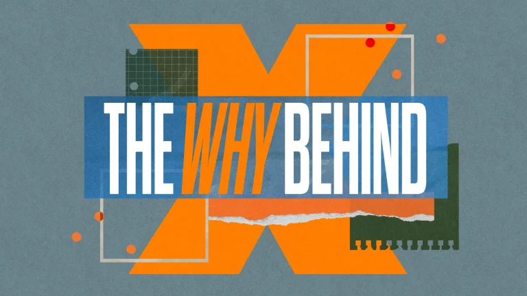 Bold text highlights "THE WHY BEHIND," surrounded by vibrant geometric shapes, symbolizing faith, purpose, and community.