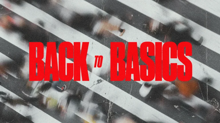 "Dynamic crowd crossing a street, emphasizing community and the journey of faith with bold 'Back to Basics' text."