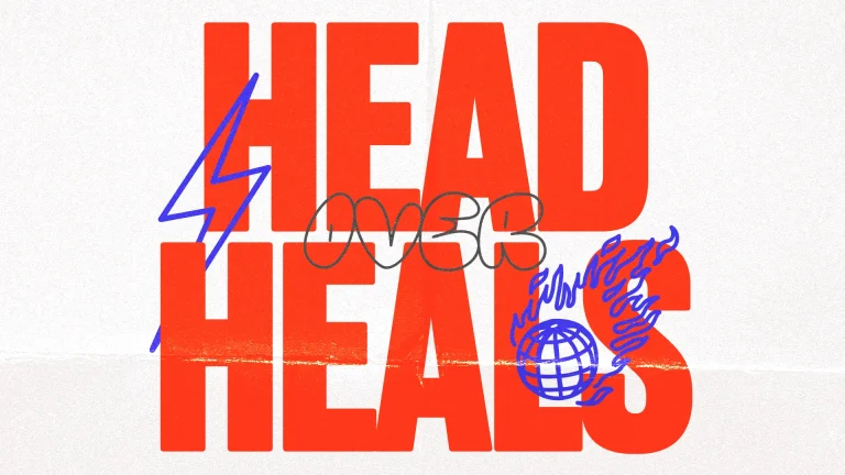 Bold text reads "HEAD OVER HEELS," with dynamic graphics symbolizing passion and global outreach in faith and community.