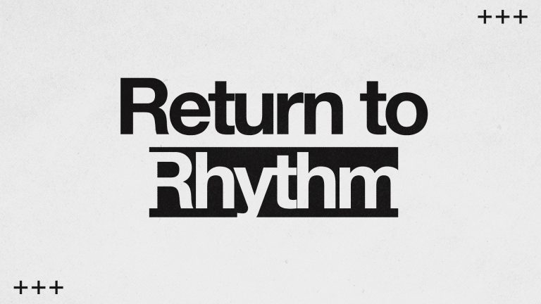 "Return to Rhythm" text emphasizes community, faith, and spiritual renewal in church life.