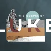 8473 luke hd title slide The Gospel of Luke highlighted with a statue, mountains, and abstract shapes, symbolizing faith and biblical teachings.