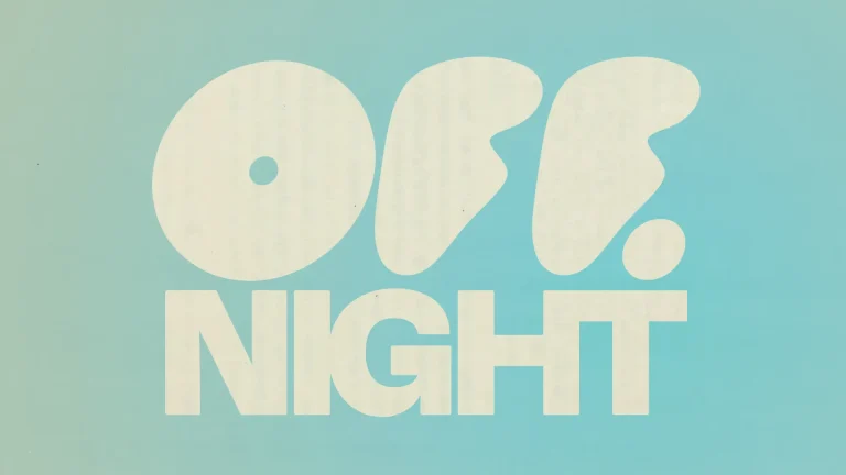Worship night announcement in bold, playful font against a light blue background, inviting community and faith engagement.