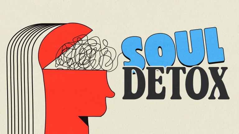 Colorful graphic of a head with tangled thoughts, emphasizing "Soul Detox" for spiritual renewal and mental clarity.