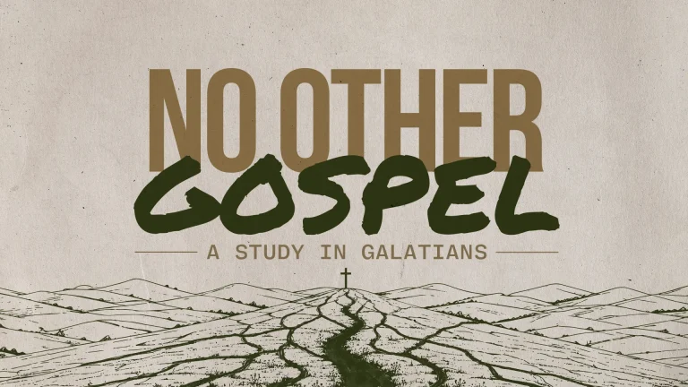 "Title 'No Other Gospel' with a cross and a landscape, symbolizing faith and a study of Galatians."