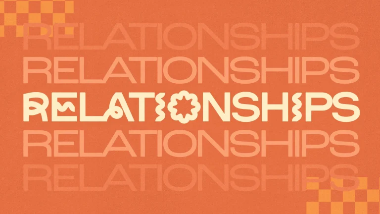 Warm orange background features the word "RELATIONSHIPS" in bold, emphasizing community and connection in faith.
