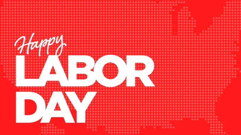 Celebrating community and service on Labor Day with vibrant red background and bold white text.