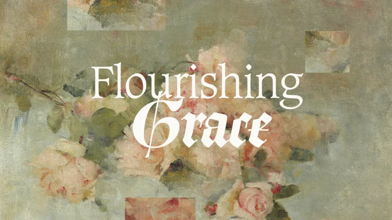 Soft floral background with the words "Flourishing Grace," symbolizing growth, faith, and spiritual beauty.