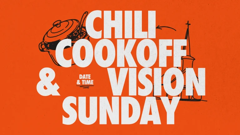 Chili cook-off and Vision Sunday announcement with a church steeple illustration on an orange background.