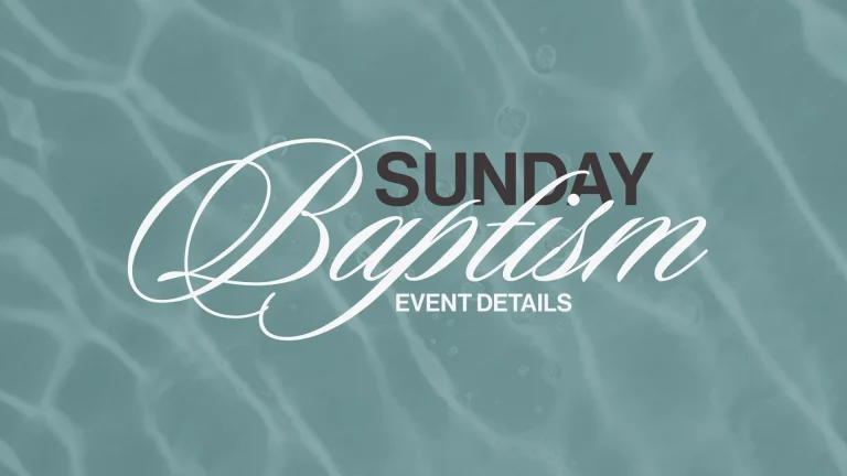 Baptism announcement with serene water background, inviting community to celebrate faith and new beginnings.