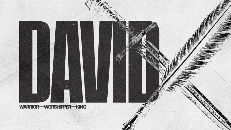 "Bold text 'DAVID' with sword and quill, symbolizing faith, worship, and the duality of warrior and worshipper."