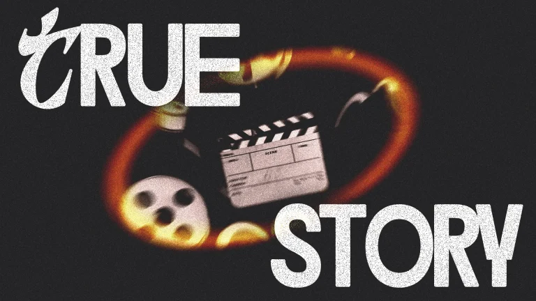 "True Story" text overlay with film reel elements, symbolizing faith narratives and community storytelling in worship.