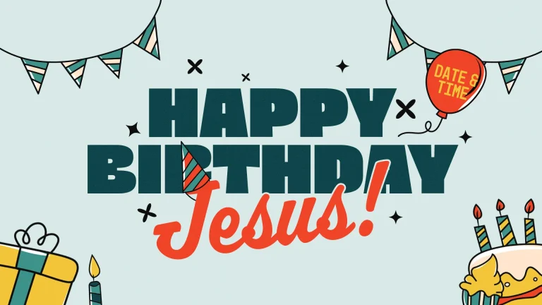 "Festive design celebrating Jesus' birthday with balloons, gifts, and a cake, inviting community joy and worship."