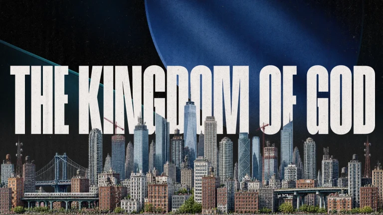 "Bold text 'THE KINGDOM OF GOD' overlays a city skyline, symbolizing faith, community, and spiritual growth."