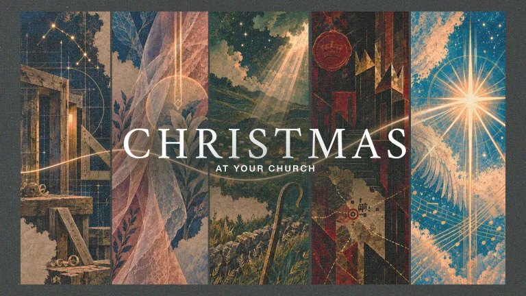 Christmas-themed artwork featuring symbols of faith, community, and worship, inviting participation in church activities.