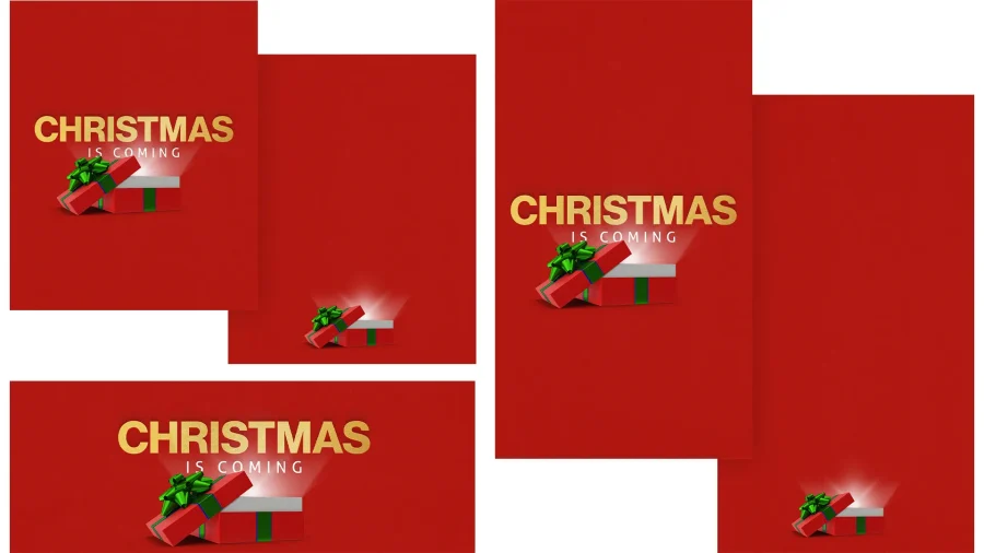 Christmas is coming text in gold with open gift box on red background