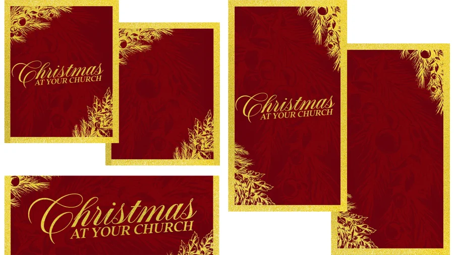 Elegant Christmas church media design featuring "Christmas at Your Church" in gold script on a deep red background with golden foliage accents