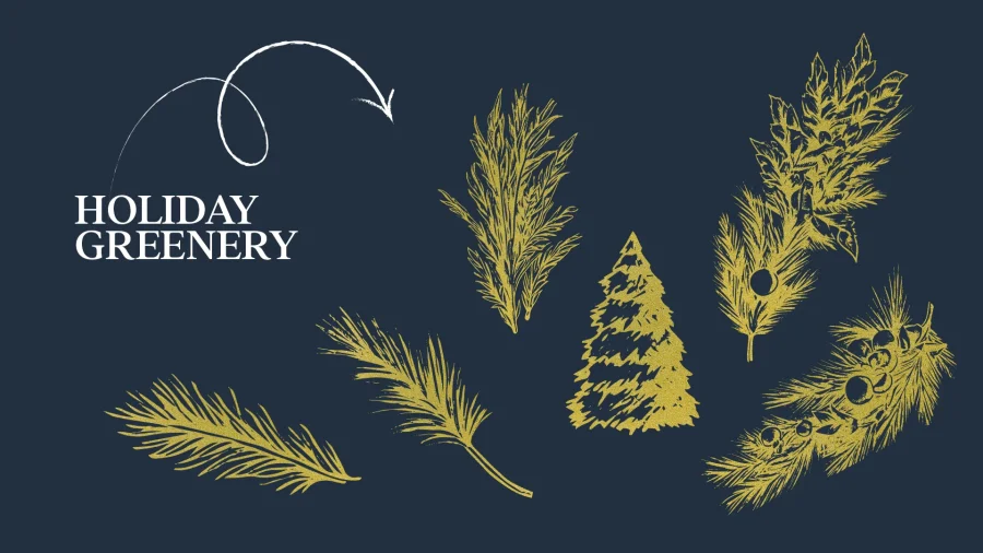 Classic Christmas Golden Toolkit featuring gold foil illustrations on black background, including Christmas tree, star, gift, and candle