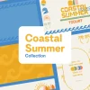 Coastal Summer Collection - Cover Coastal Summer Collection church media featuring Psalm scripture quotes, palm trees, wave patterns, and beach elements in blue and yellow with coordinated social media templates.