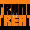 Fall Fest Title Slide (2) Bold black text "TRUNK OR TREAT" on orange background with grunge texture and scribble designs
