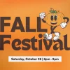 Fall Festival Title Slide (2) Cheerful animated pumpkin character sitting on "Fall Festival" text with event date and time on orange gradient background