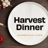 Harvest Dinner Title Slide Harvest Dinner announcement on white plate surrounded by fall decorations including pumpkins, berries, and wheat