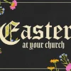 Illustrated Easter - HD Title Slide Gothic-style Easter church announcement template featuring cream-colored blackletter typography on black background with decorative pink and blue spring flowers