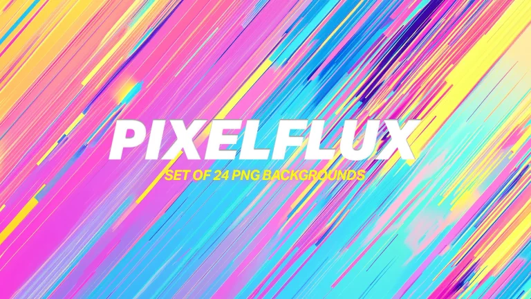 Vibrant multicolored diagonal streaks background in pink, blue, yellow and purple with PIXELFLUX text overlay for church media presentations