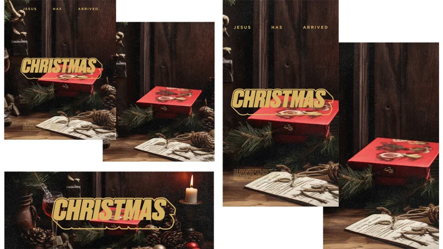 Christmas-themed church media graphic with text "Jesus Has Arrived" and "Christmas" over a festive scene with candle, pine branches, and open Bible.