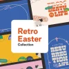 Retro Easter - Cover Collection of retro-styled Easter church presentation slides featuring vintage typography, decorative elements, and coordinated layouts in blue, orange, and yellow color schemes