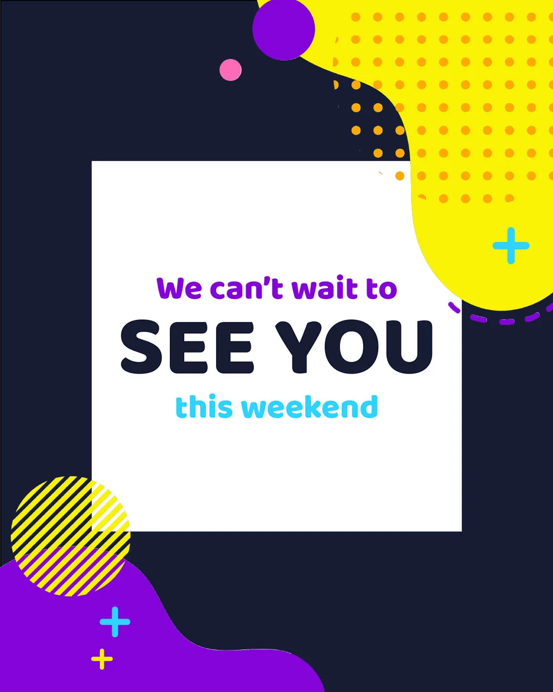 Modern experimental church media featuring "We can't wait to SEE YOU this weekend" text on white background with vibrant purple, yellow, and blue geometric patterns and shapes.